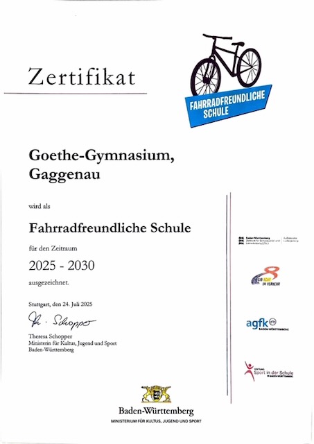 Zertifikat Fahrradfreundliche Schule GGG 1